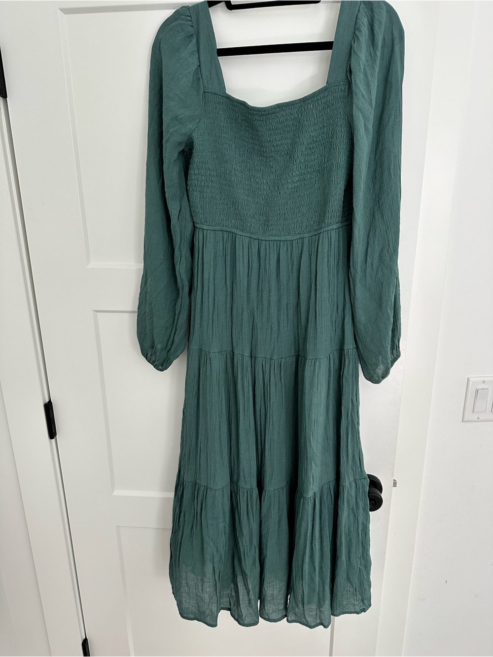 Smocked Square-Neck Long Sleeve Midi Dress